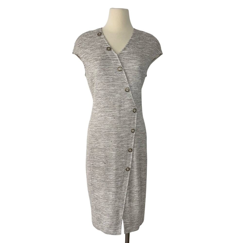 St. John Textured Cap-Sleeve Sheath Midi Dress Button-Detail Brown/Cream 10
